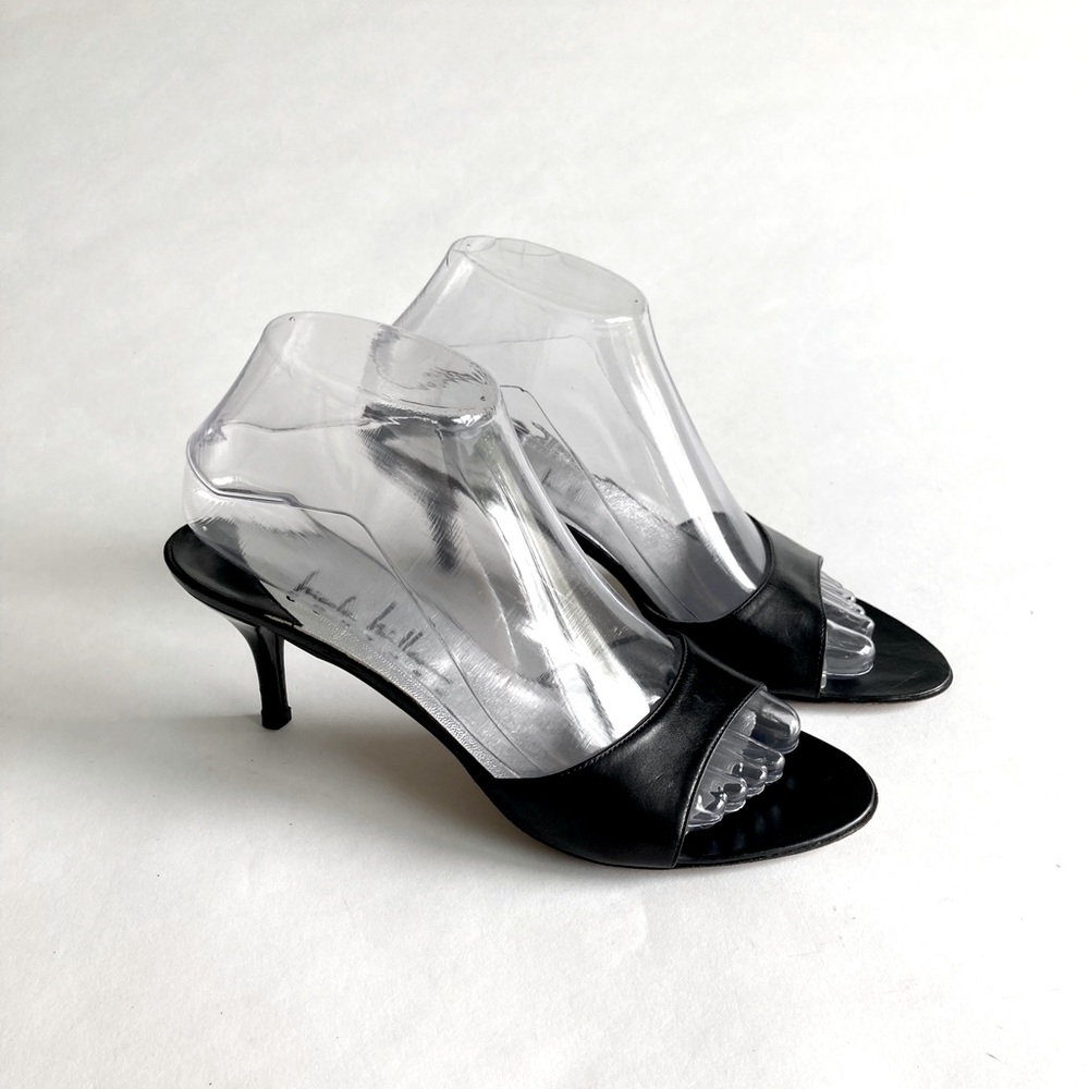 Black Leather Open-Toe Kitten Heel Sandals